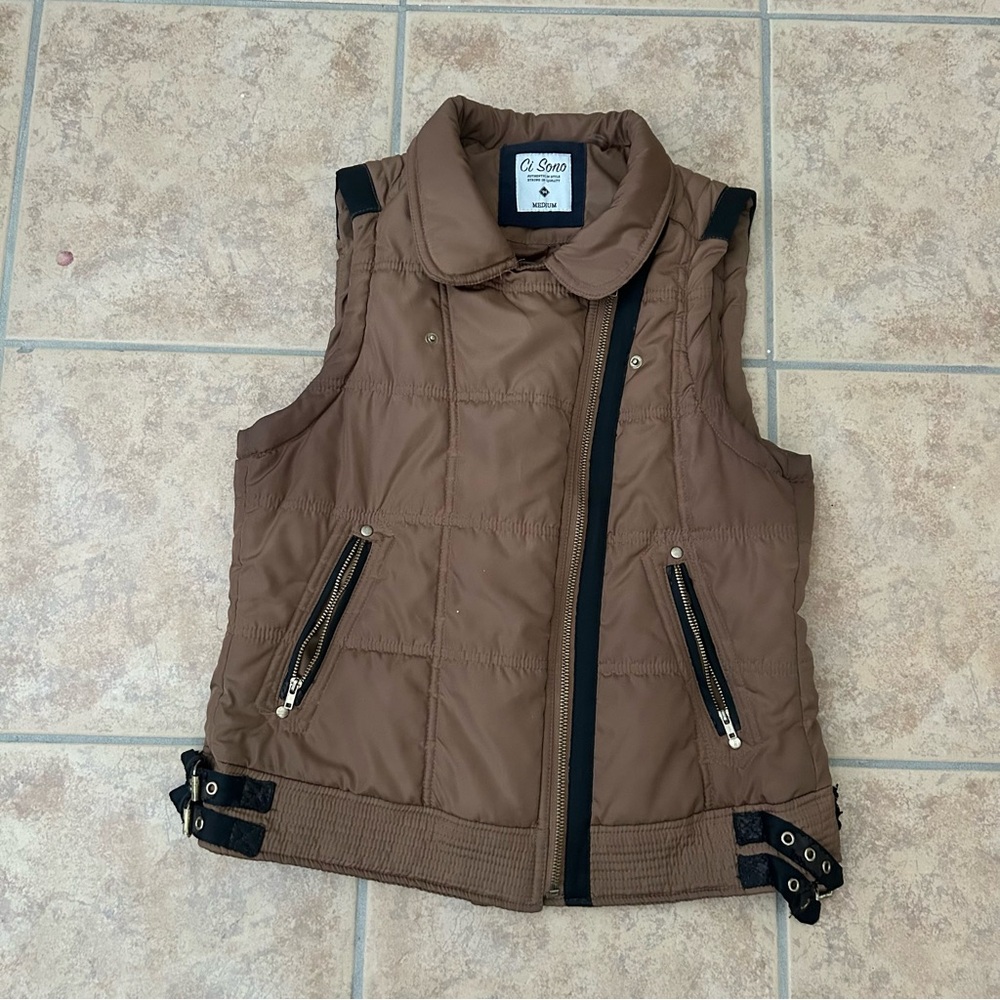 Ci Sono Tan Quilted Vest with Black Accents